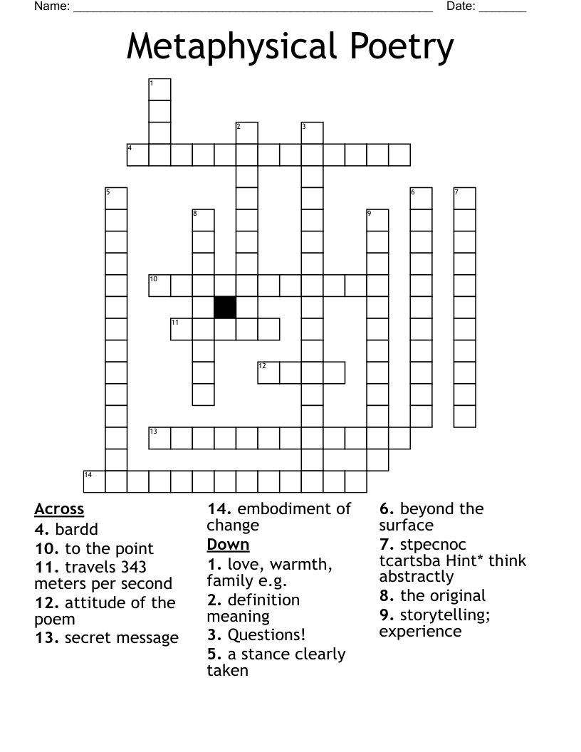 Metaphysical Poetry  Crossword