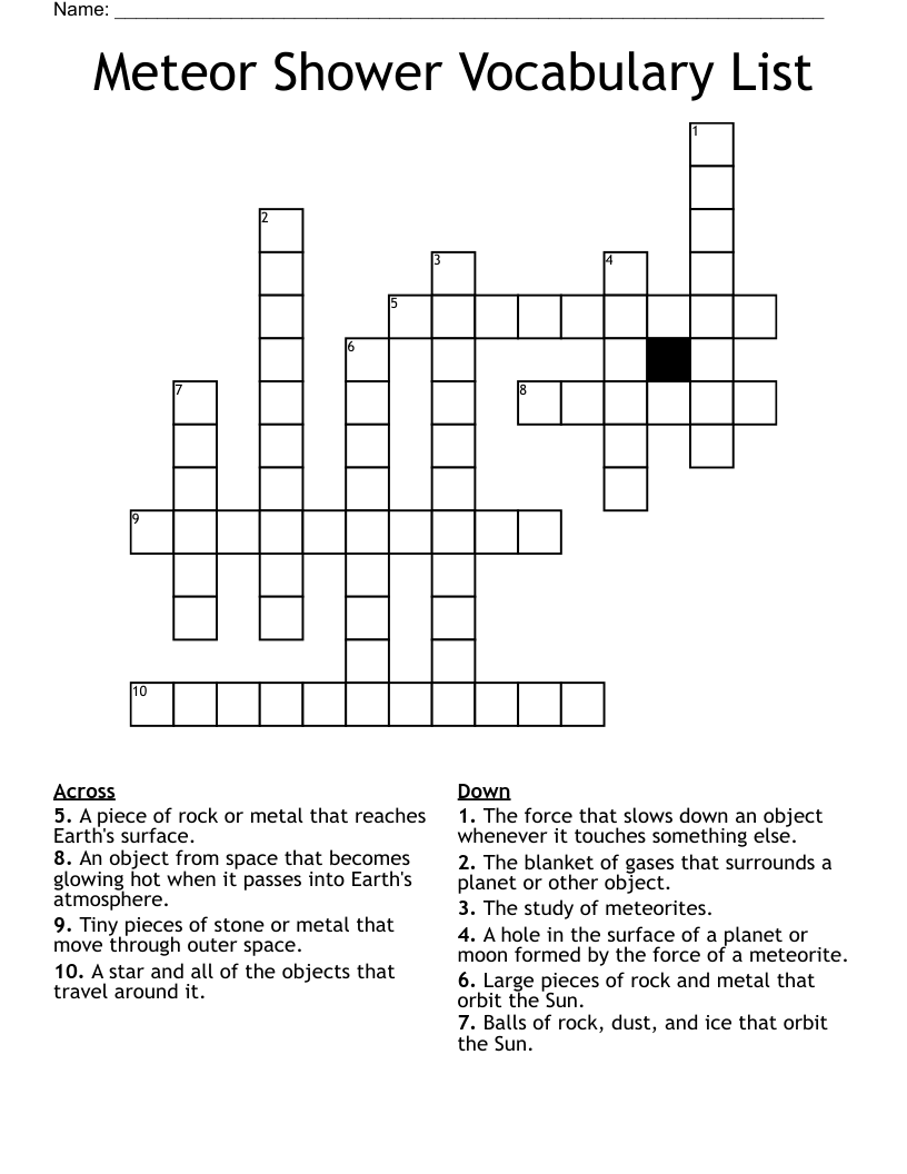 Meteor Shower Vocabulary List Crossword