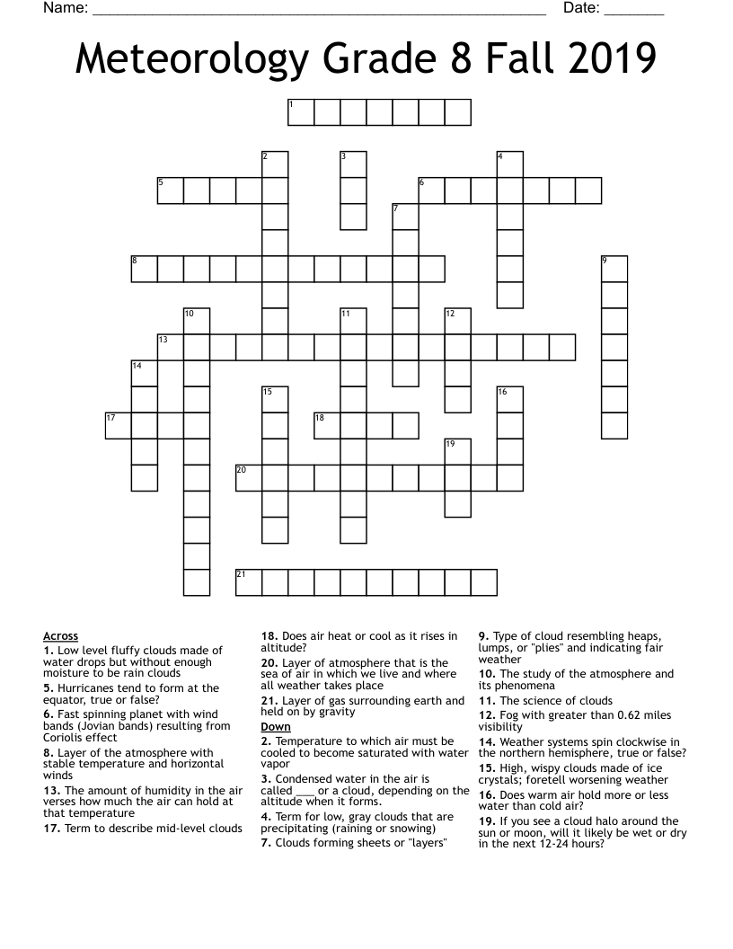 Meteorology Grade 8 Fall 2019 Crossword