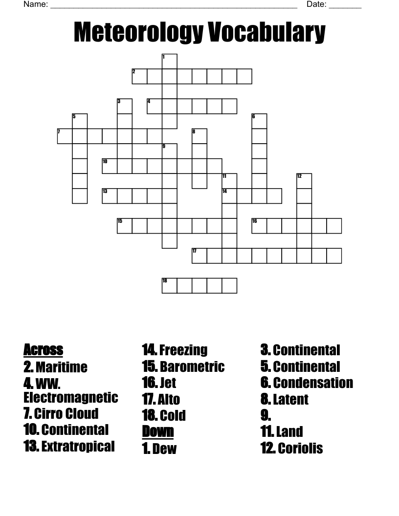 Meteorology Vocabulary  Crossword