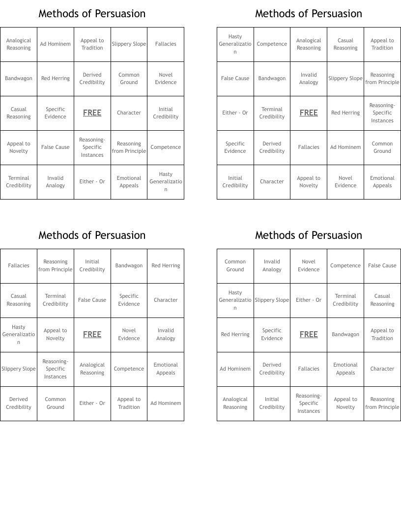 Methods of Persuasion Bingo Cards