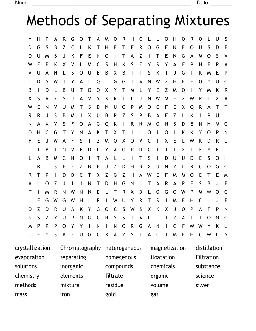 Methods of Separating Mixtures Word Search