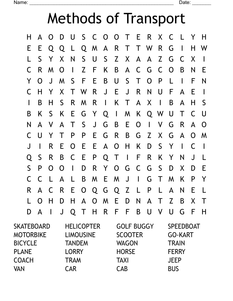 Methods of Transport Word Search