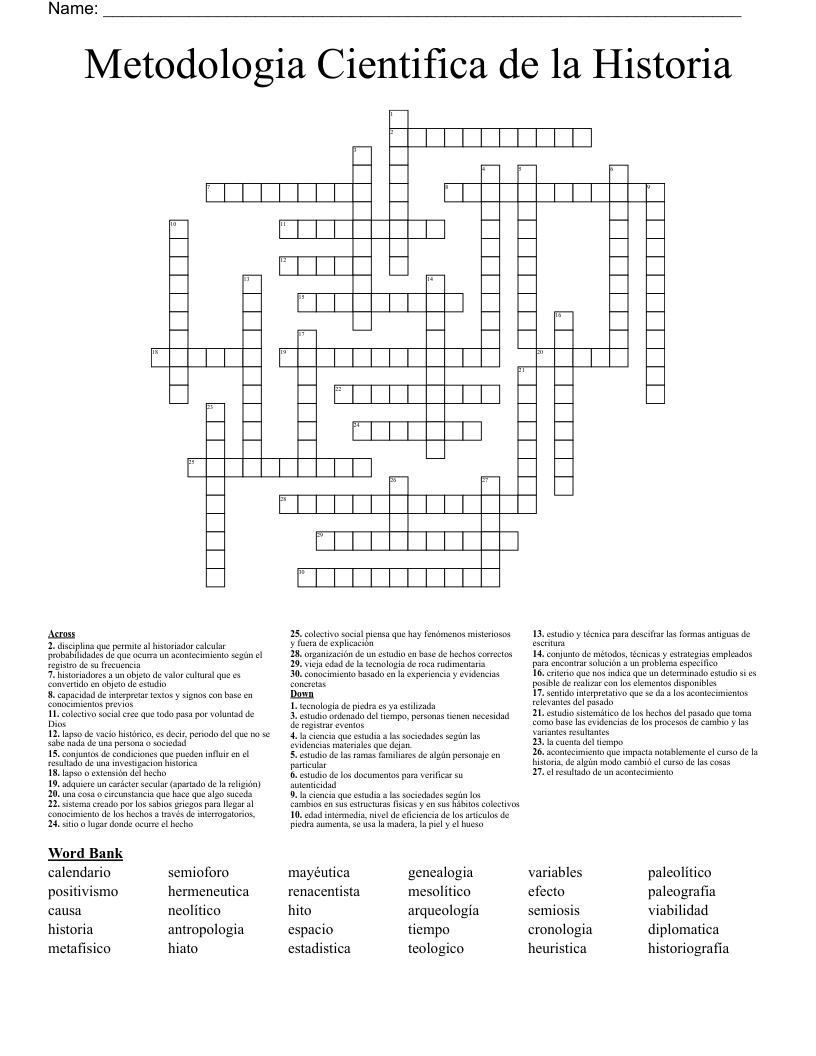 Metodologia Cientifica de la Historia Crossword