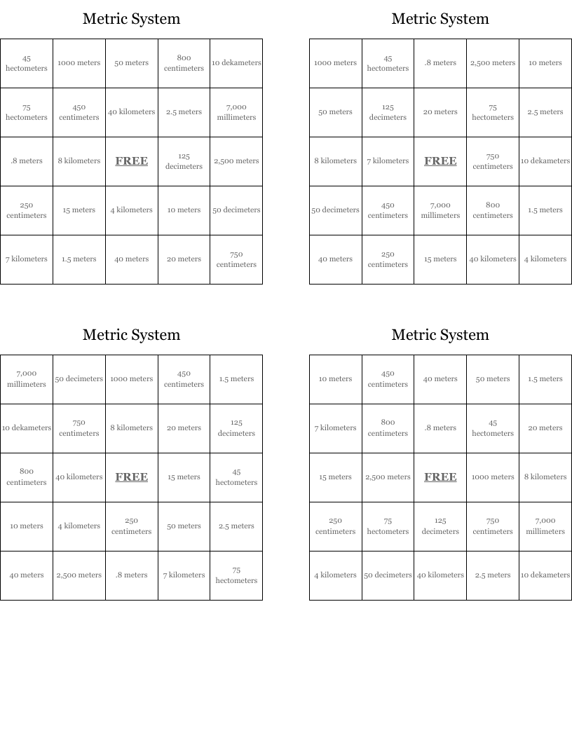 Metric System Bingo Cards