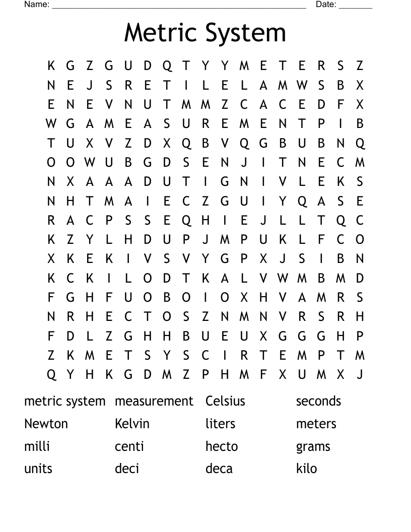 Metric System Word Search