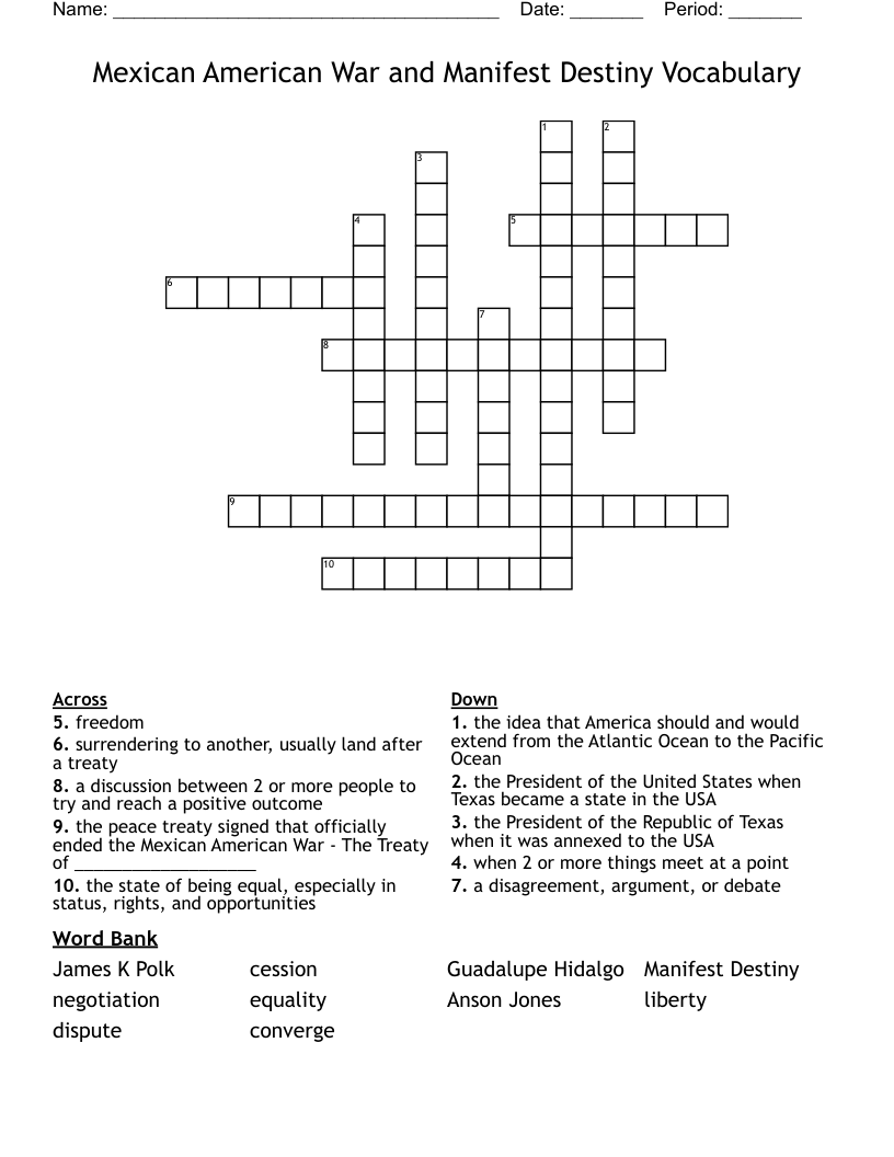 Mexican American War and Manifest Destiny Vocabulary Crossword