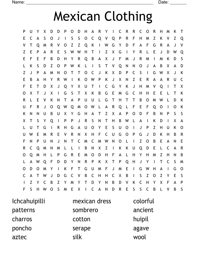 Mexican Clothing Word Search