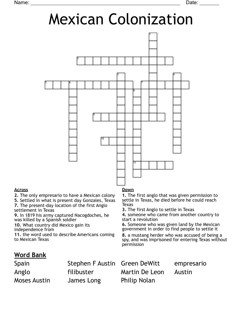 Mexican Colonization Crossword