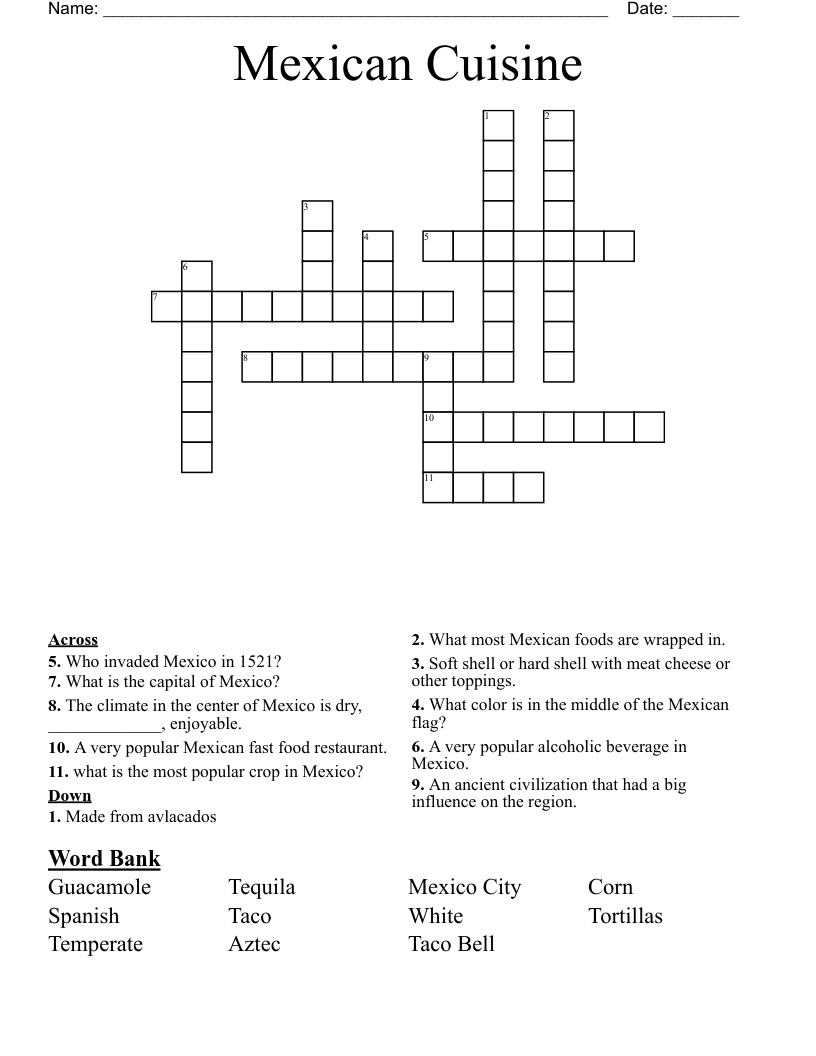 Mexican Cuisine Crossword