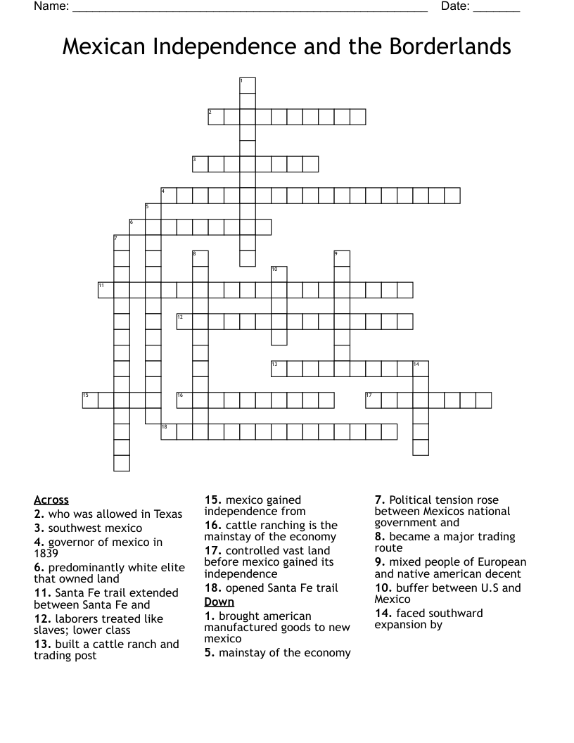 Mexican Independence and the Borderlands  Crossword