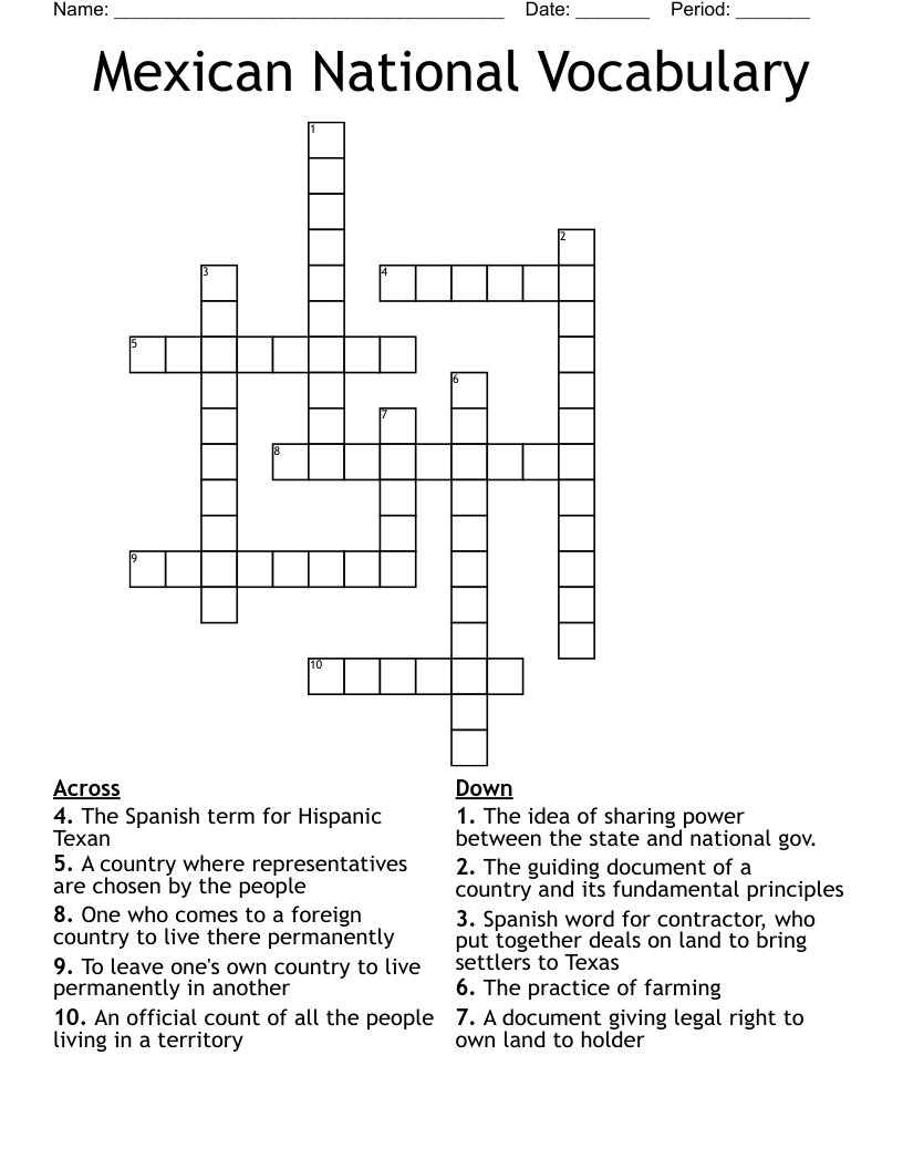 Mexican National Vocabulary Crossword