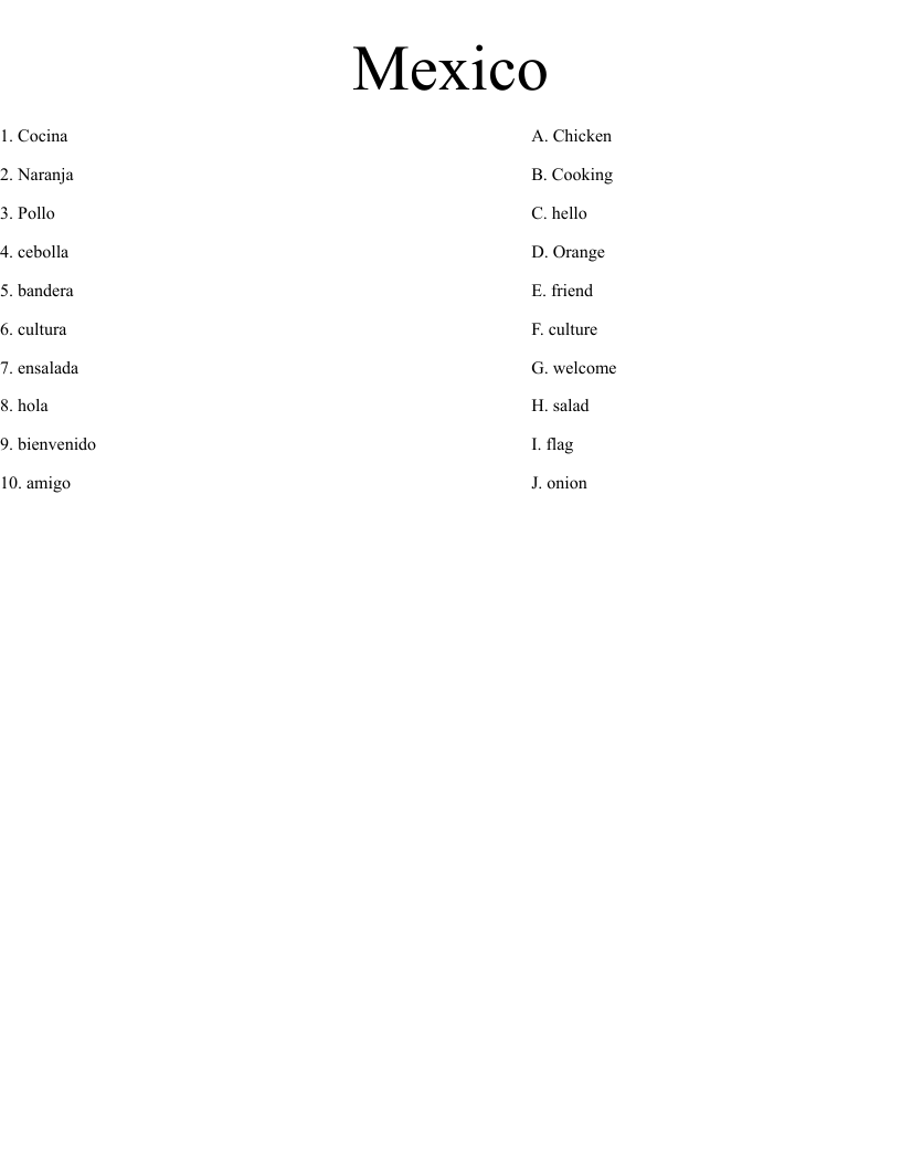 Mexico Worksheet