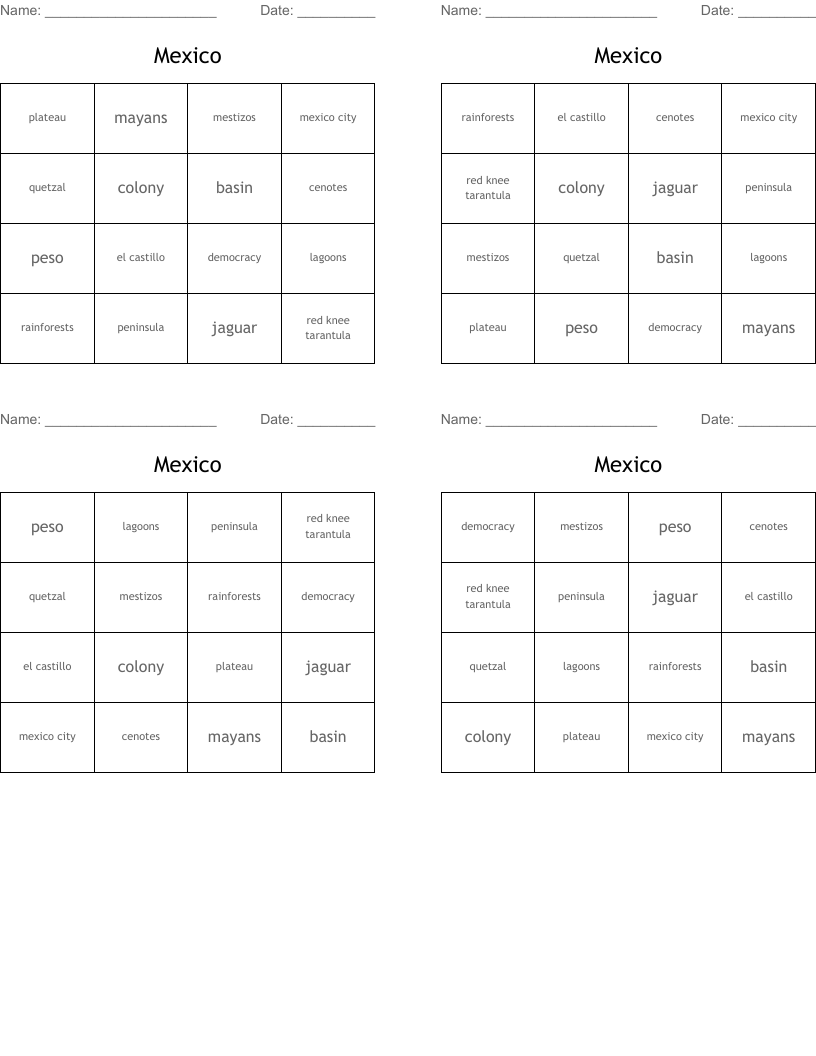 Mexico Bingo Cards
