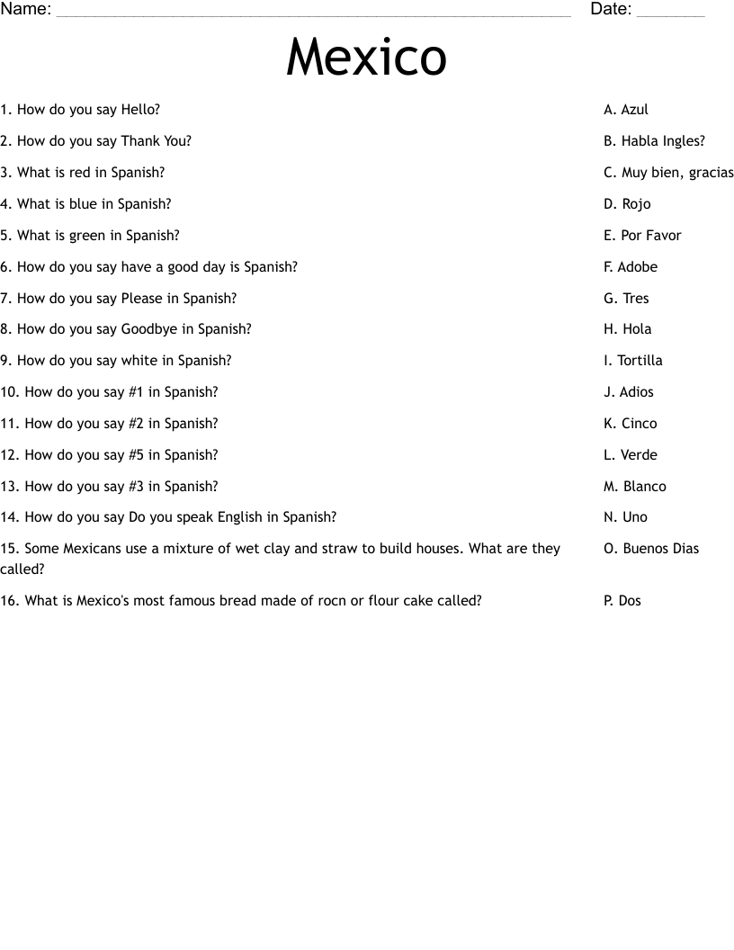 Mexico Worksheet
