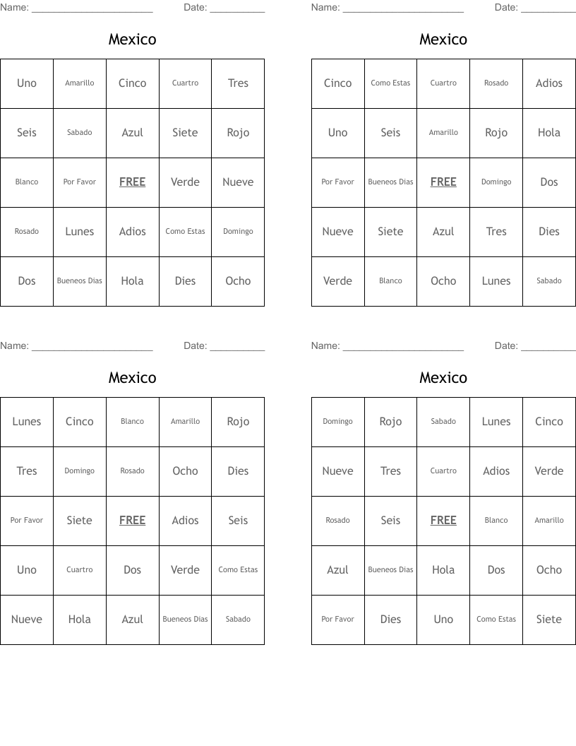 Mexico Bingo Cards