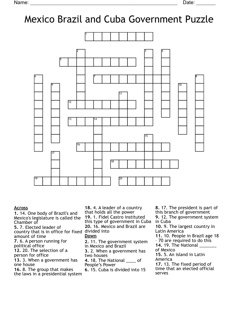 Mexico Brazil and Cuba Government Puzzle Crossword