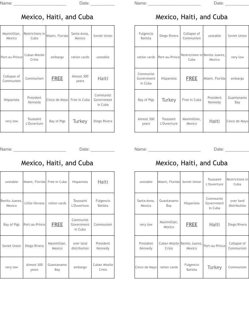 Mexico, Haiti, and Cuba Bingo Cards