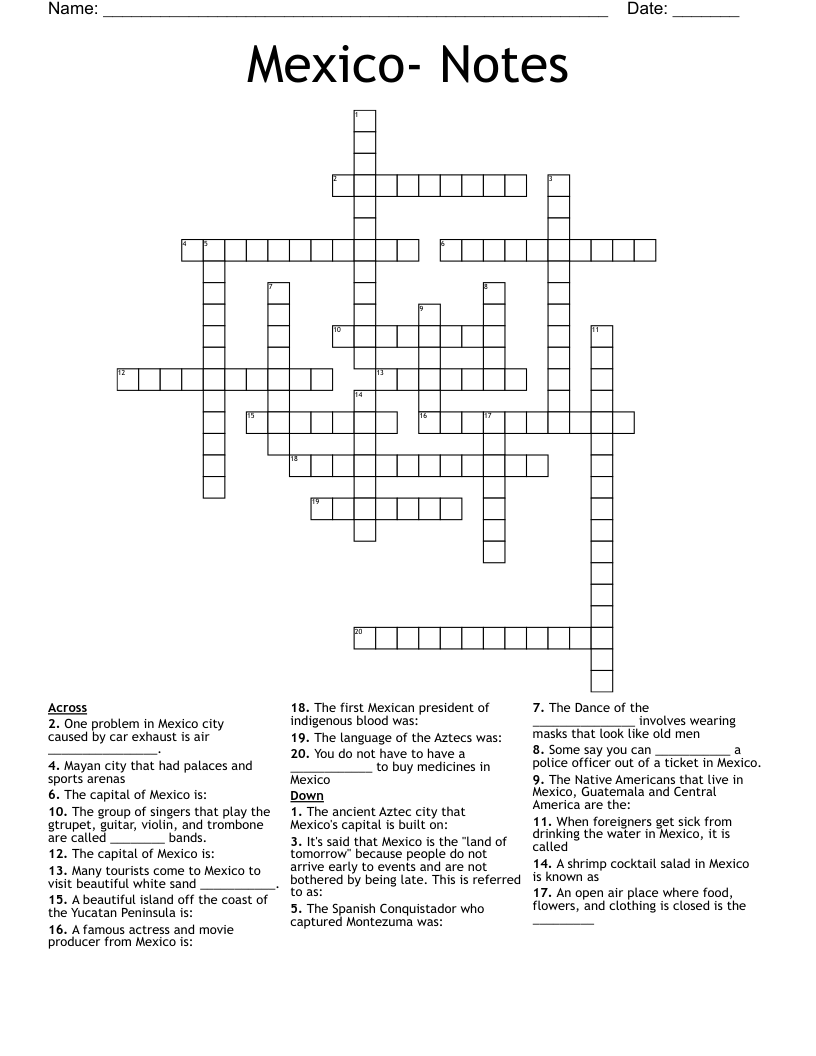 Mexico- Notes Crossword