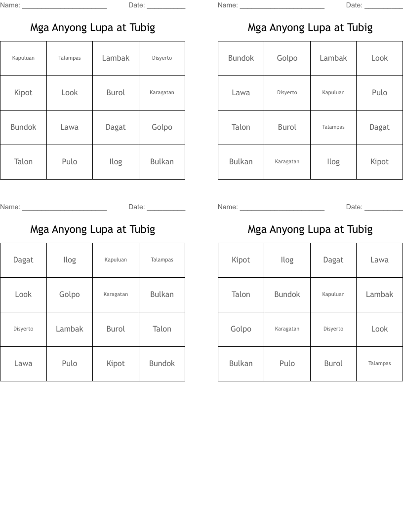 Mga Anyong Lupa at Tubig Bingo Cards