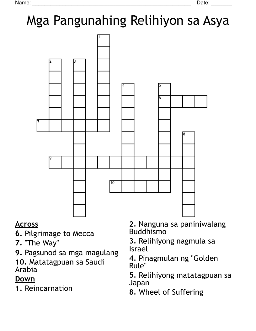 Mga Pangunahing Relihiyon sa Asya Crossword