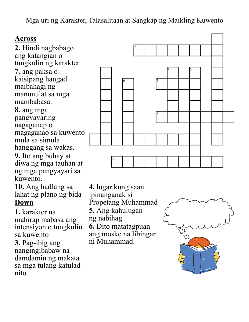 Mga uri ng Karakter, Talasalitaan at Sangkap ng Maikling Kuwento Crossword