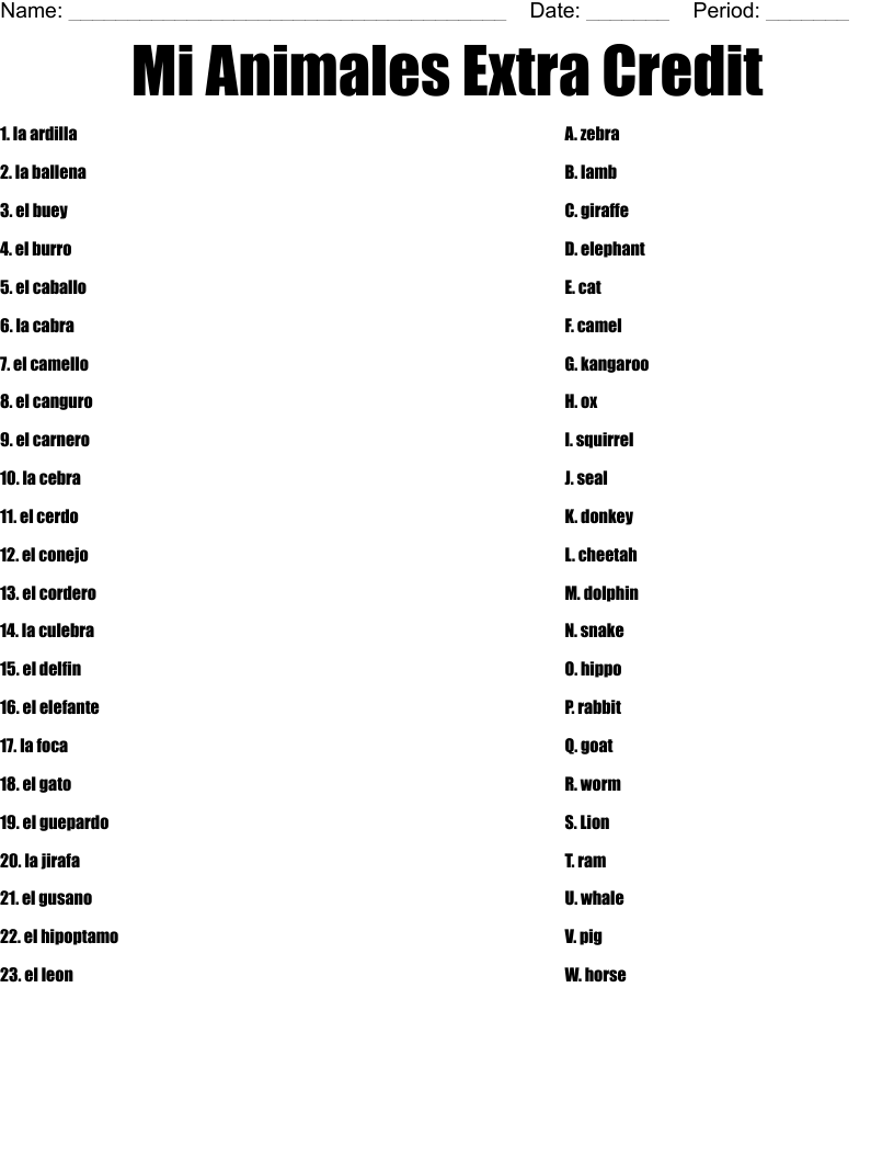 Mi Animales Extra Credit  Worksheet