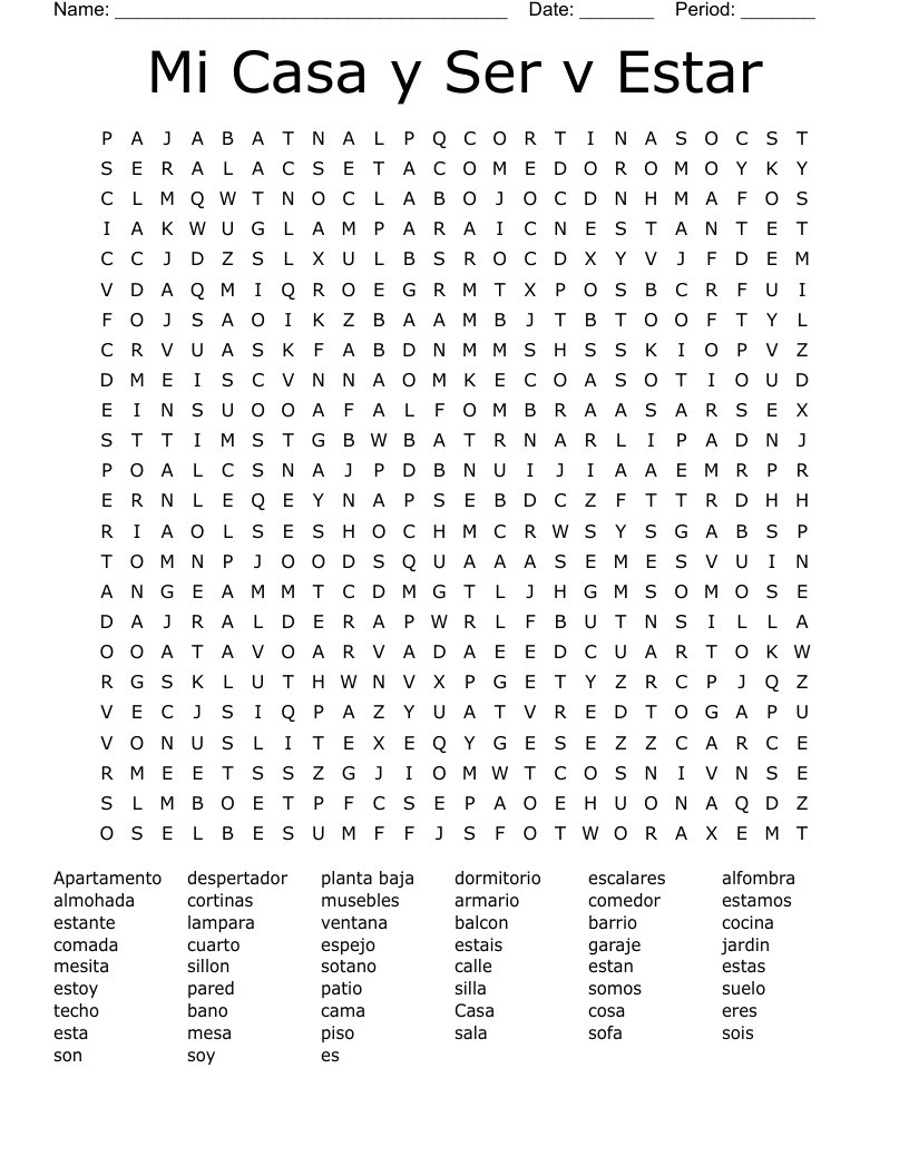 Mi Casa y Ser v Estar Word Search