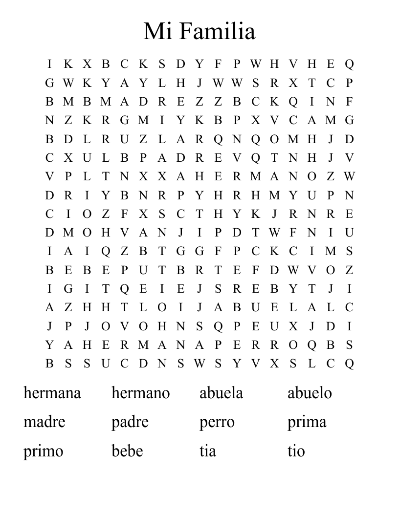 Mi Familia Word Search