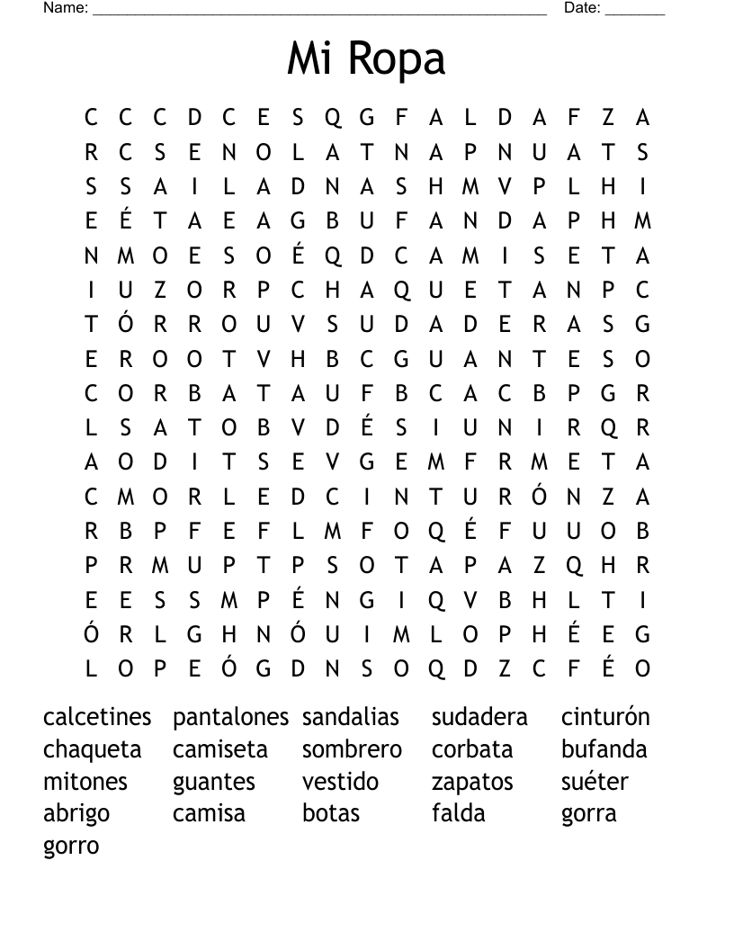 Mi Ropa Word Search