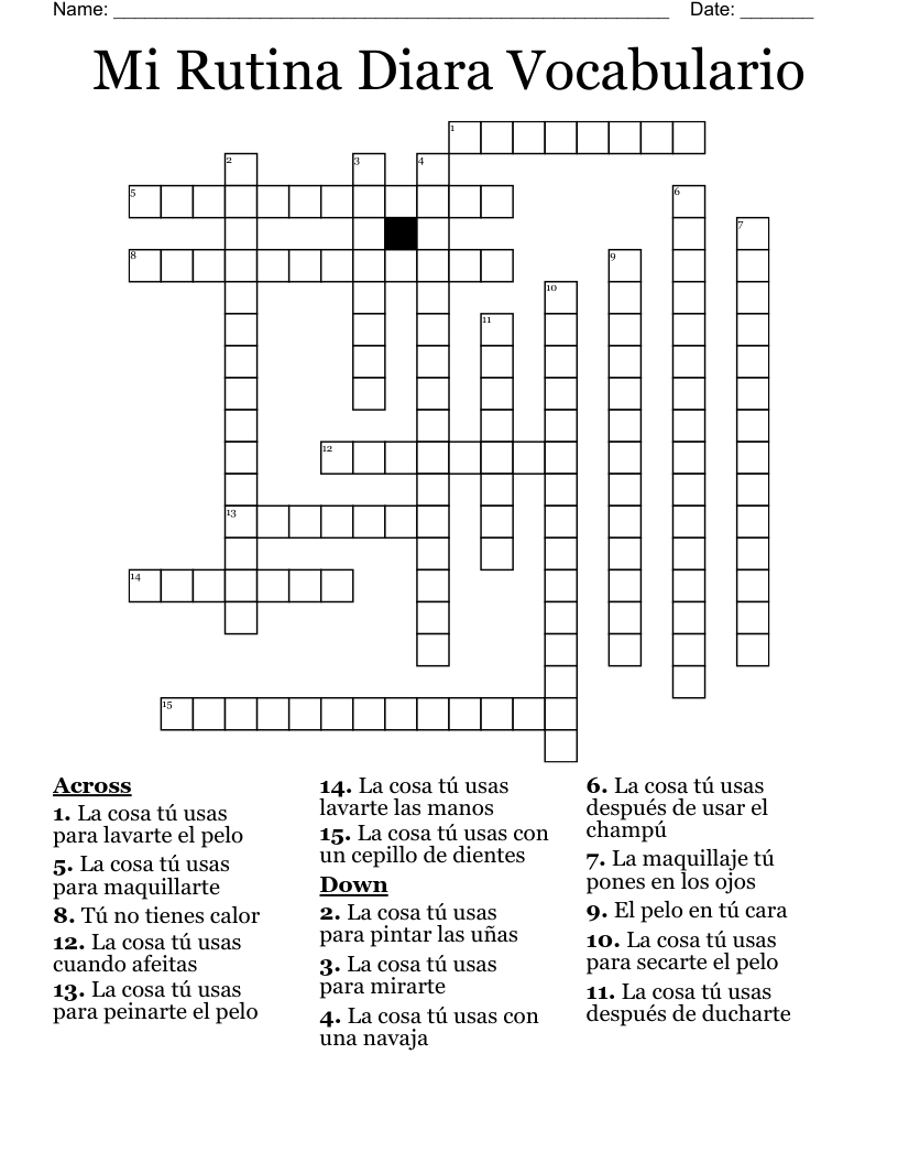Mi Rutina Diara Vocabulario Crossword