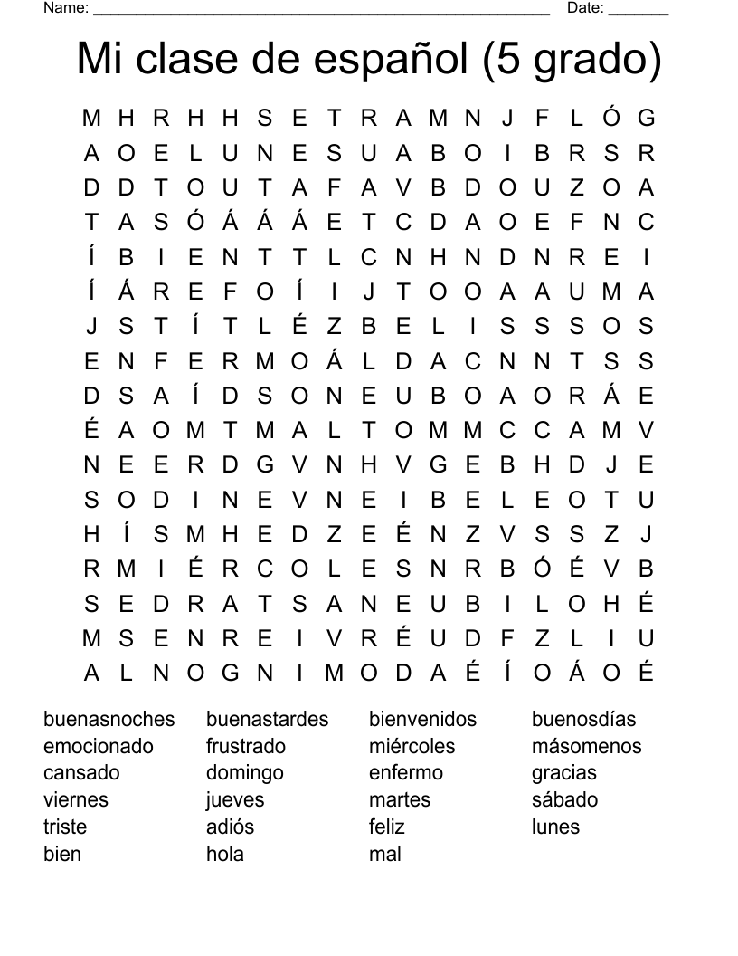 Mi clase de español (5 grado) Word Search