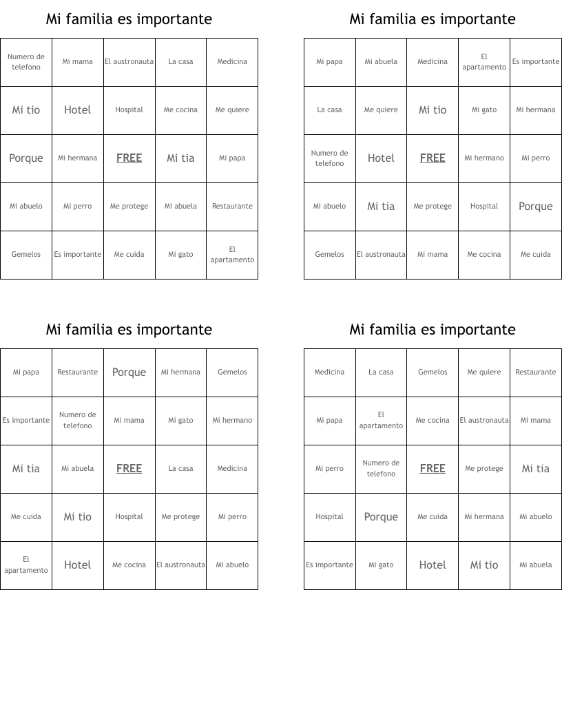 Mi familia es importante Bingo Cards