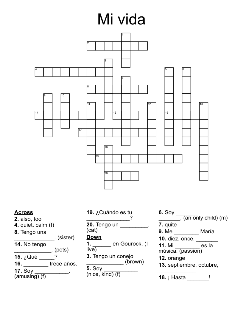 Mi vida Crossword