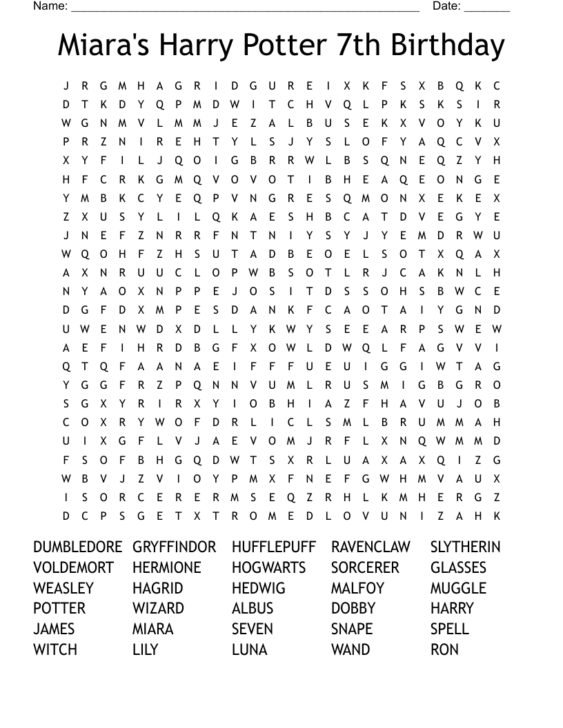 Miara's Harry Potter 7th Birthday Word Search