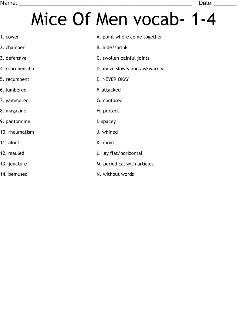 Mice Of Men vocab- 1-4 Worksheet