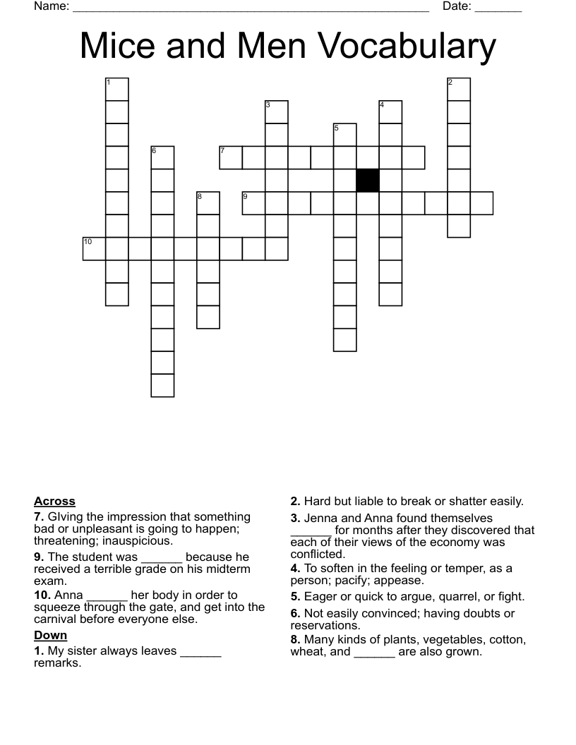 Mice and Men Vocabulary Crossword