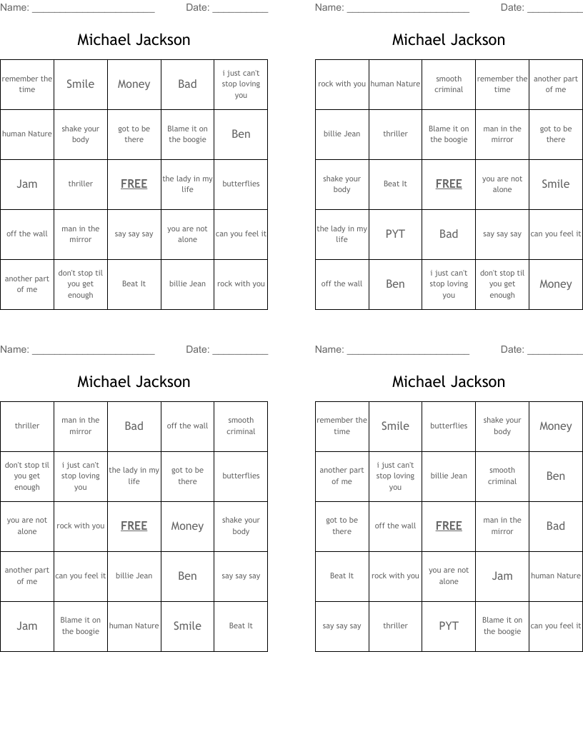 Michael Jackson Bingo Cards