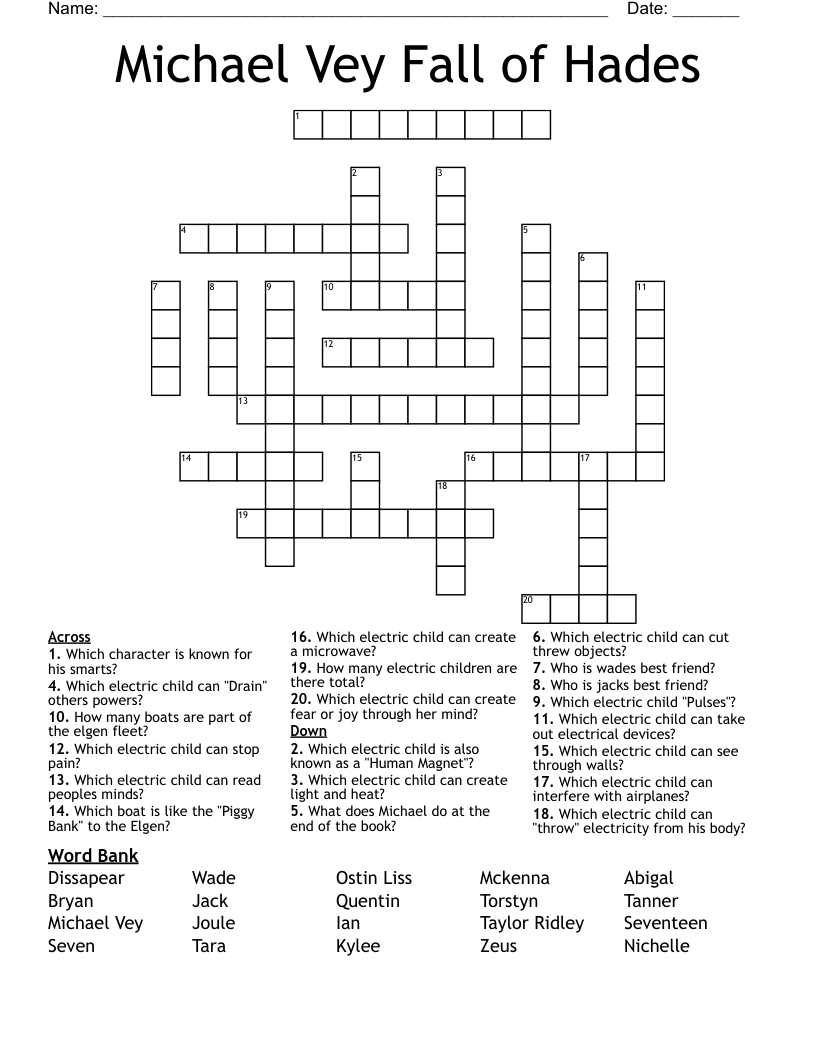 Michael Vey Fall of Hades Crossword