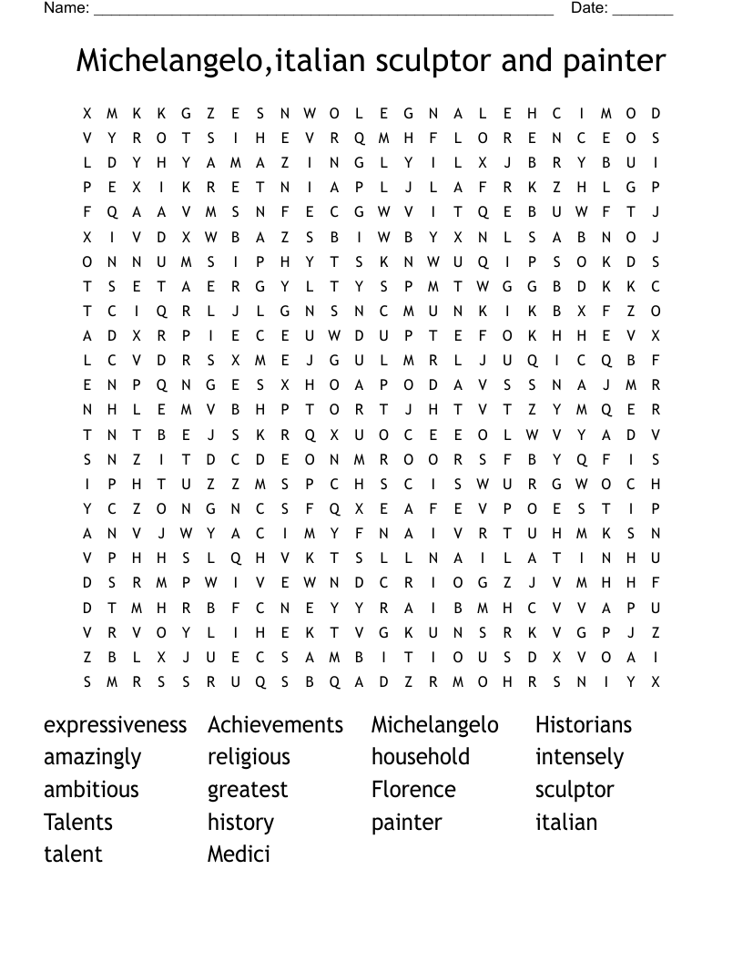 Michelangelo,italian sculptor and painter Word Search
