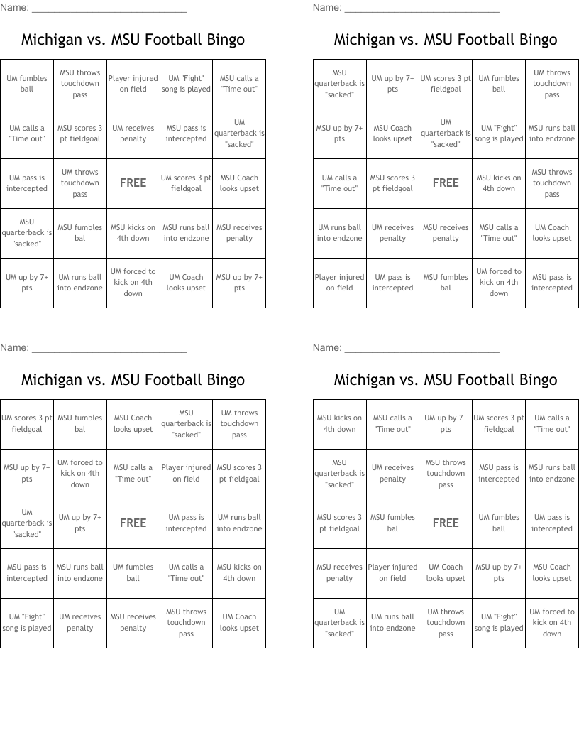 Michigan vs. MSU Football Bingo