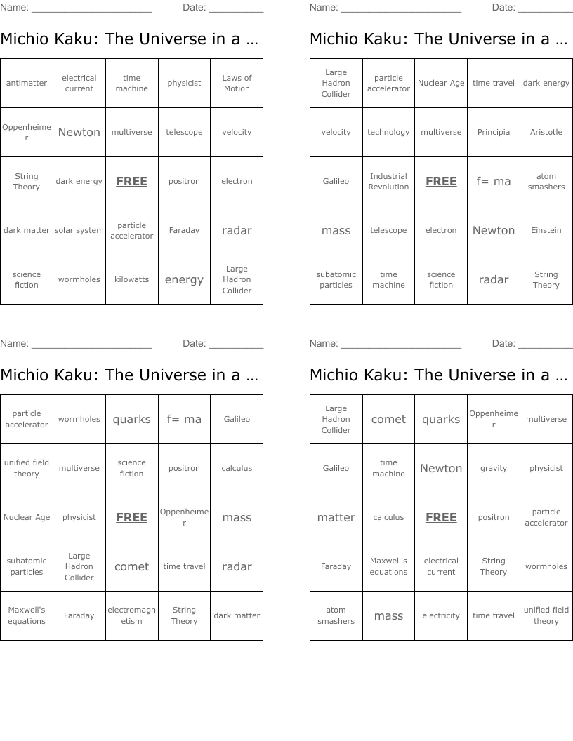 Michio Kaku: The Universe in a Nutshell Bingo Cards