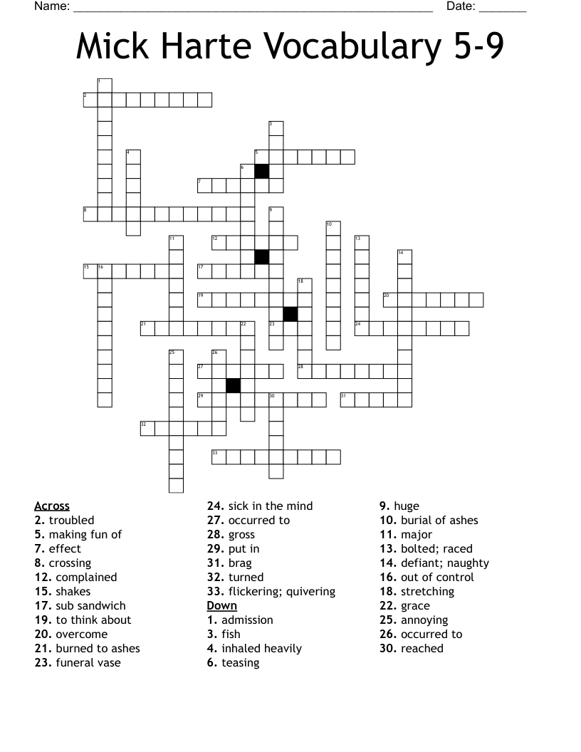 Mick Harte Vocabulary 5-9 Crossword