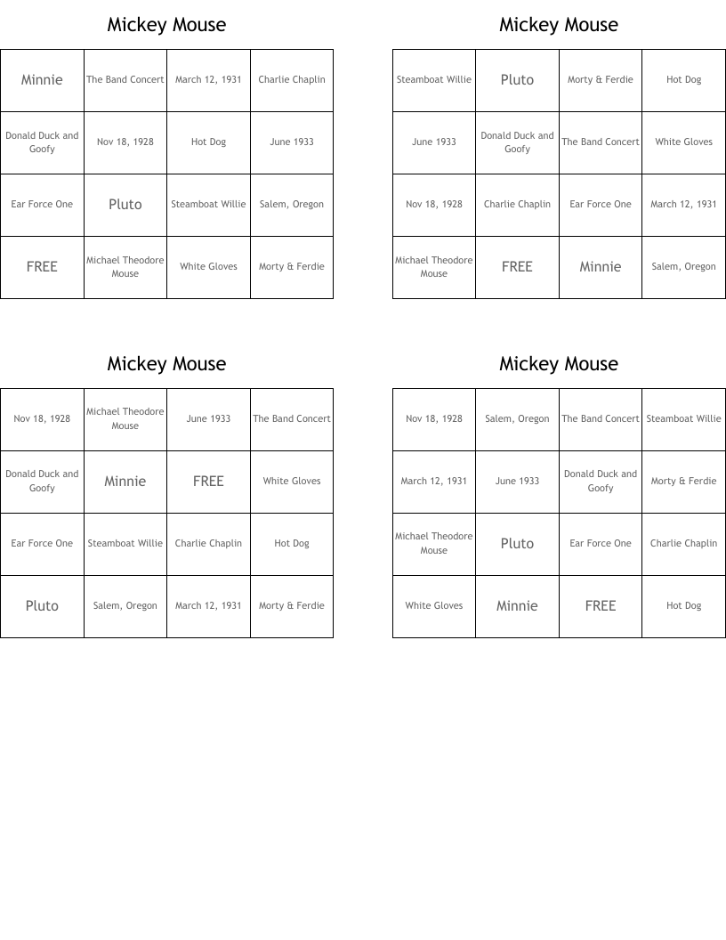 Mickey Mouse Bingo Cards