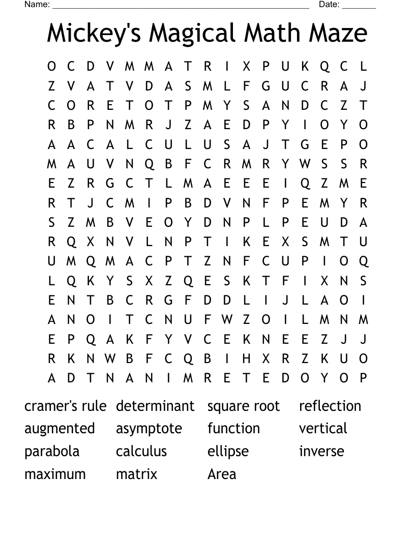 Mickey's Magical Math Maze Word Search