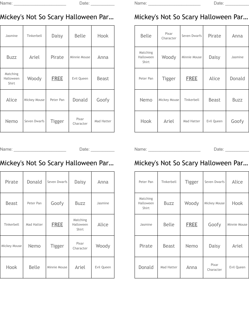 Mickey's Not So Scary Halloween Party Bingo Cards