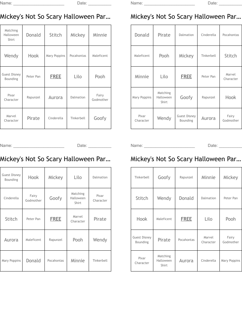 Mickey's Not So Scary Halloween Party Bingo Cards