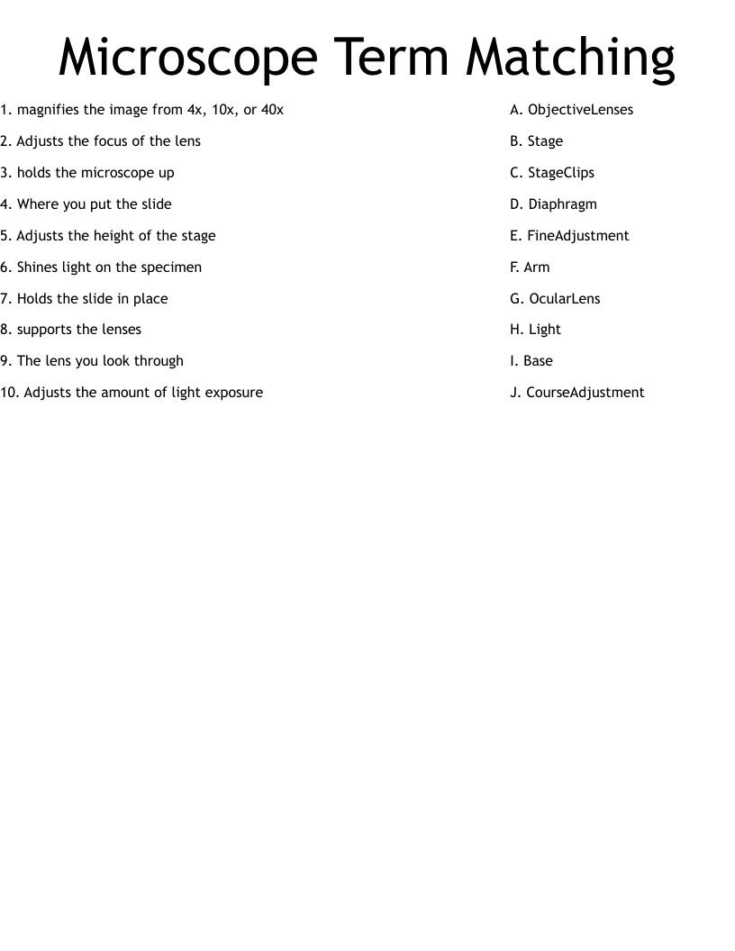 Microscope Term Matching Worksheet