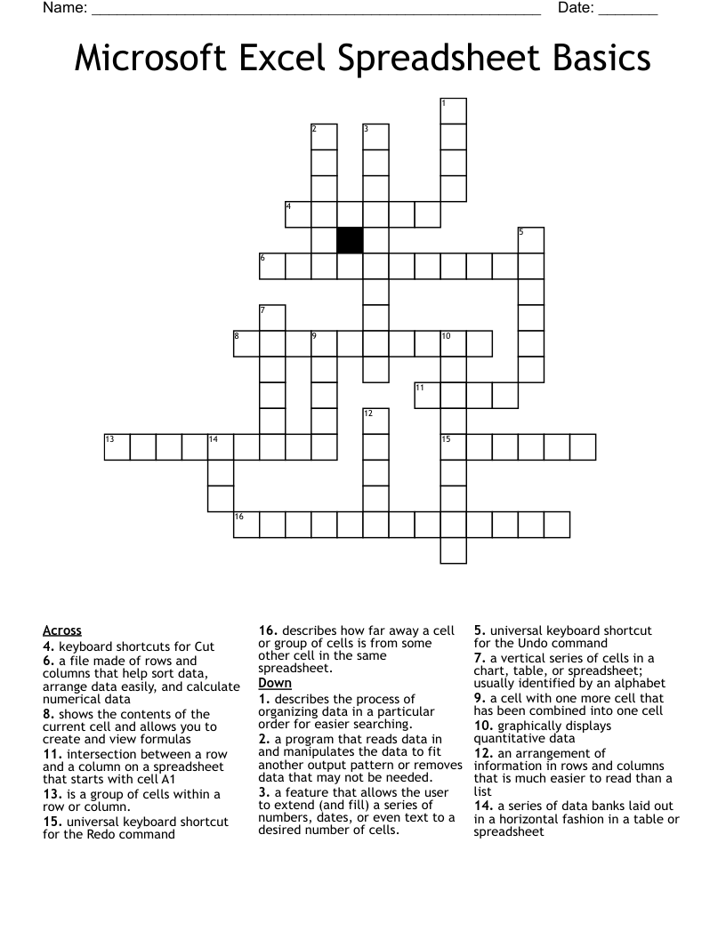 Microsoft Excel Spreadsheet Basics Crossword