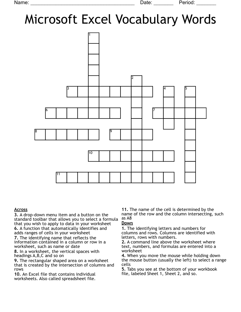 Microsoft Excel Vocabulary Words Crossword